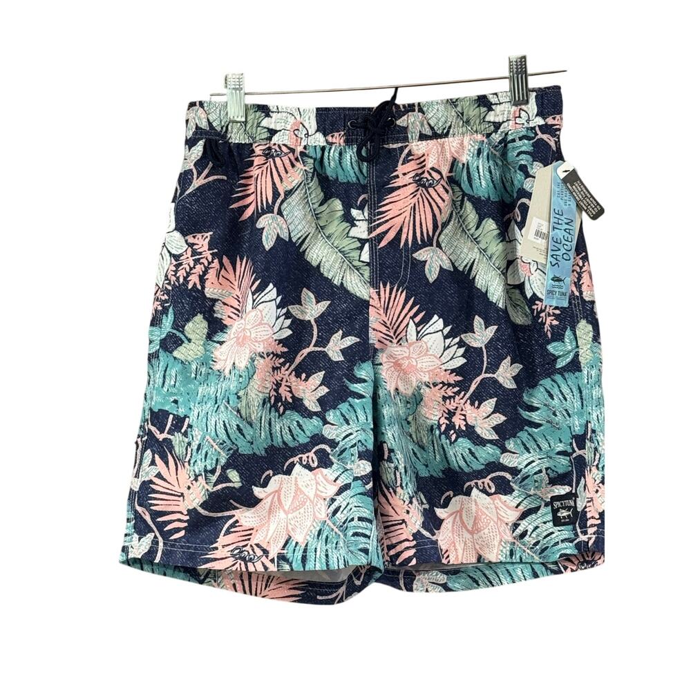 Spicy Tuna Mesh Lined Drawstring Swim Trunks Men Small Pink Green Tropical  NWT
